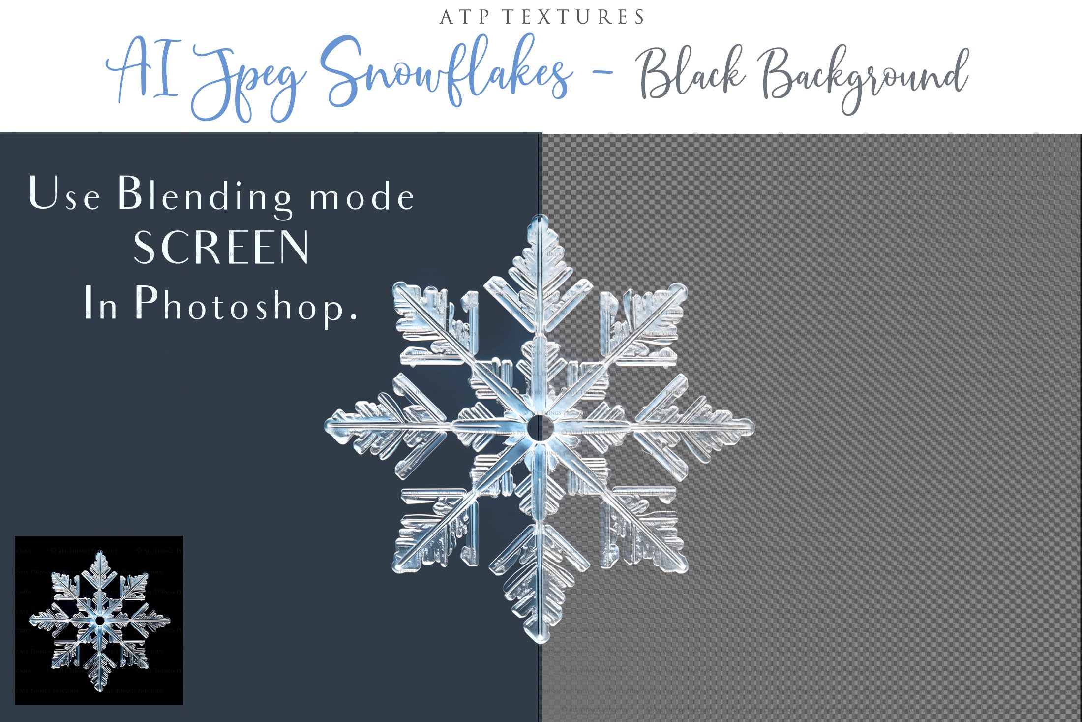 Real Snowflake Overlays & Brushes! A gorgeous addition to your beautiful photography, scrapbooking or digital art work! This set includes 60 Png Overlays 60 Jpeg Overlays 80 Photoshop brushes Instructions are included. All PNG overlays are 300dpi in high resolution.